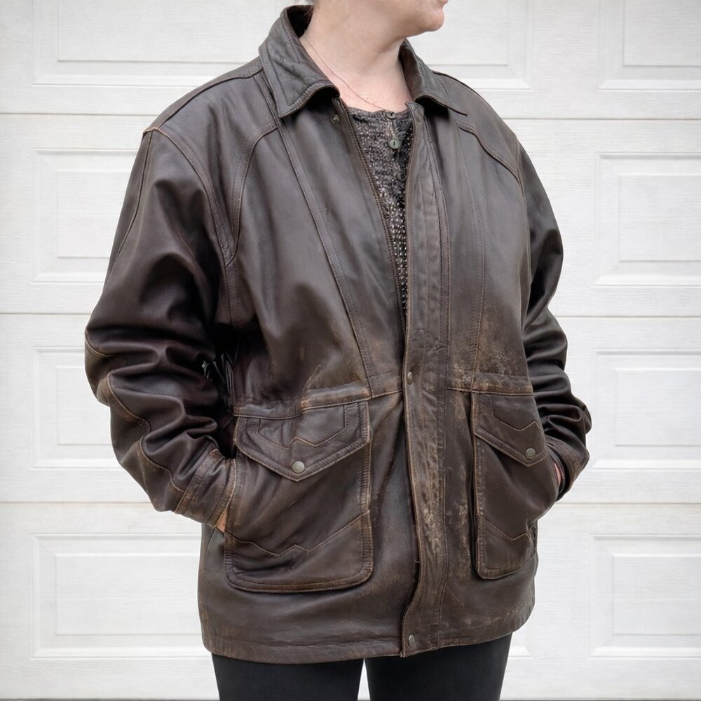 Vintag Chocolate Brown European Leather Jacket •Naturally Distressed Oversized L